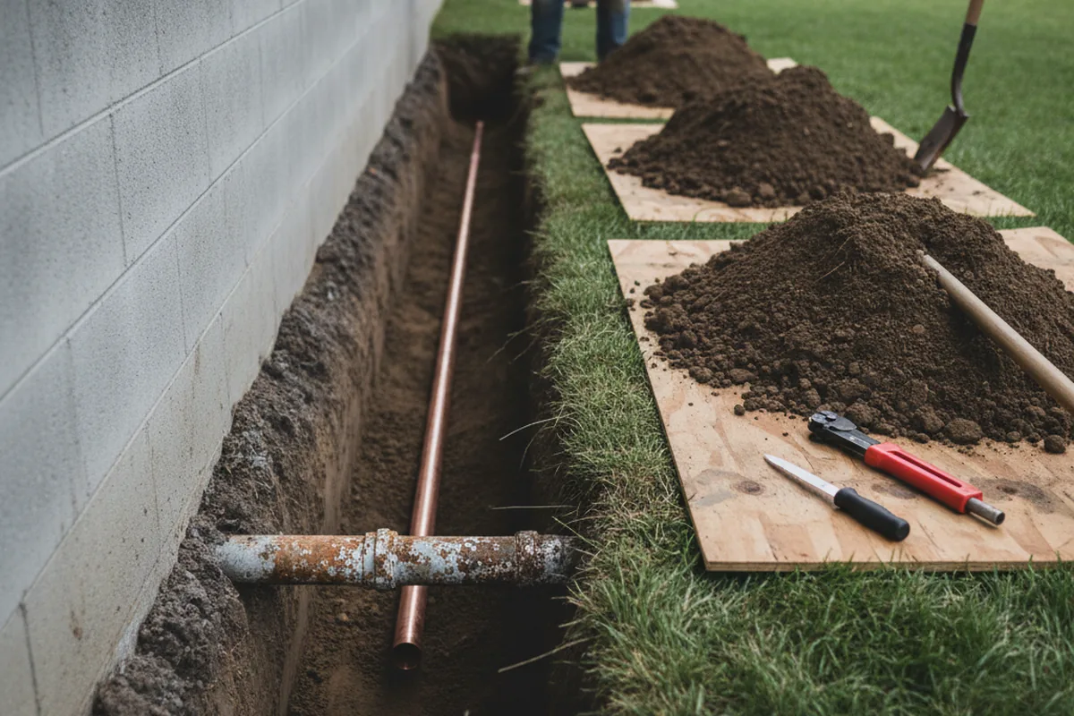 Excavated water line trench during Sewer Line Repair in Tallulah Falls